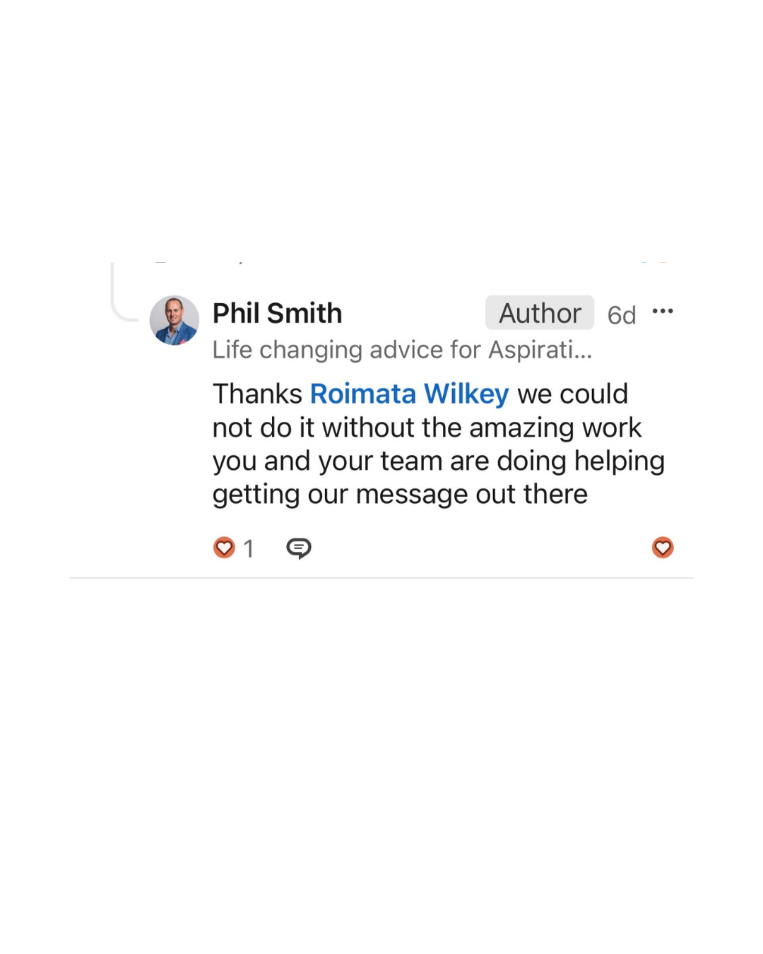 Comment from Phil Smith: Thanks Roimata Wilkey, we could not do it without the amazing work you and your team are doing helping getting our message out there.